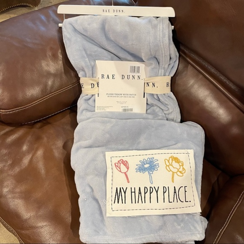 Rae Dunn MY HAPPY PLACE with Colorful Flowers Patch Light Blue Plush Throw NEW!
